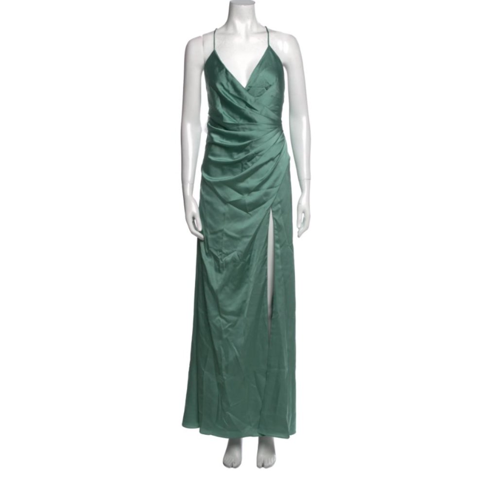 Fame and Partners silk maxi green A-line wrap criss cross gown US4